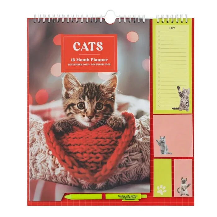 Calendario pared 2025 2026 Gatos – Organizador semanal Familiar : Planificador mensual 2025 2026 | Incluye Pegatinas, Notas Adhesivas y Cuelga Fácil 16 MESES