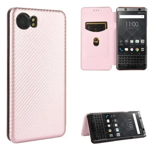 Carcasa para Blackberry Keyone Cuero Fibra de Carbono Magnética Tapa Horizontal TPU+PC+PU Ranura Tarjeta (Rosa)