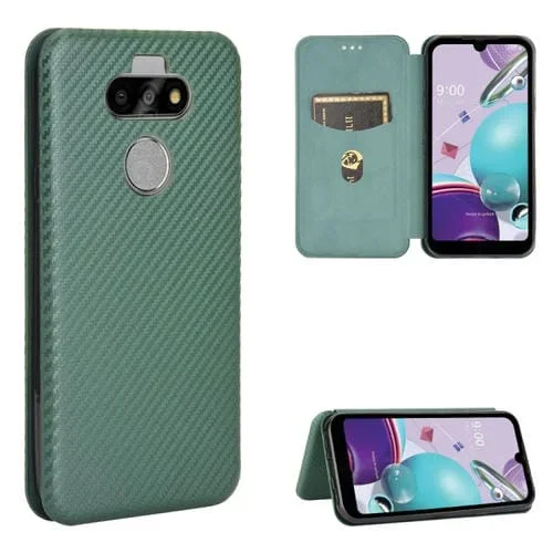 Carcasa para LG K31 Cuero con Tapa Magnética Horizontal Textura Fibra de Carbono TPU + PC + PU con Ranura para Tarjeta (Verde)