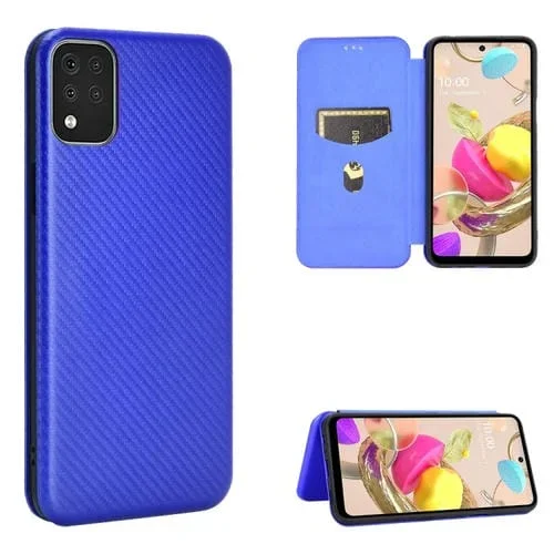 Carcasa para LG K42 Cuero con Tapa Magnética Horizontal Textura Fibra de Carbono TPU + PC + PU (Azul)