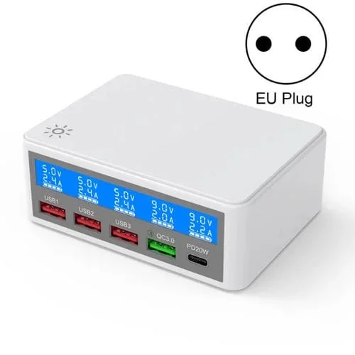 Cargador 618 Qc3.0 Pd20W 3 Puertos USB Pantalla Inteligente LCD Enchufe UE (Blanco)