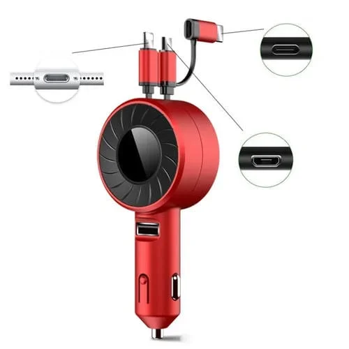 Cargador De Coche Retráctil De Un Solo Tirón Con Cable Dual Usb 3 En 1 (Rojo)