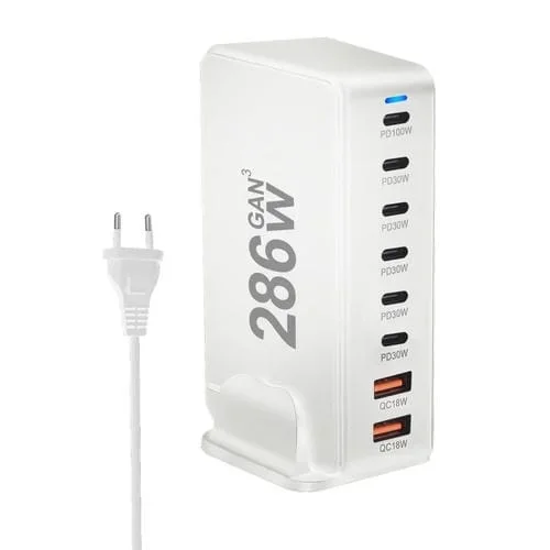 Cargador de escritorio Ymx-986 286 W 6 puertos Tipo C y 3 USB (Blanco)
