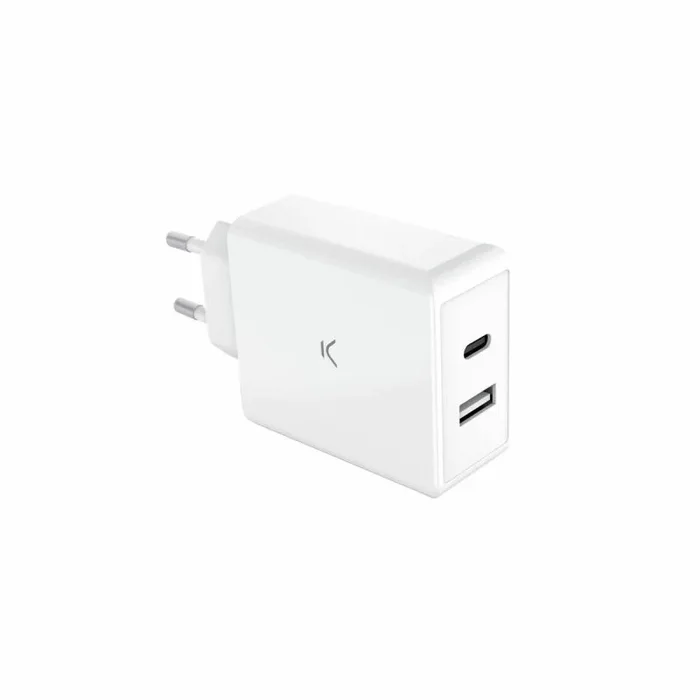 Cargador de Red KSIX GAN 45 W, PPS, Power Delivery, Carga Ultra rápida, Compatible portátil y móvil, 1xUSB-A + 1xUSB-C, Blanco