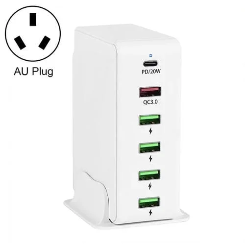 Cargador de Viaje 6 en 1 65W PD USB-C + QC 3.0 USB + 4 Puertos Múltiples AU (Blanco)