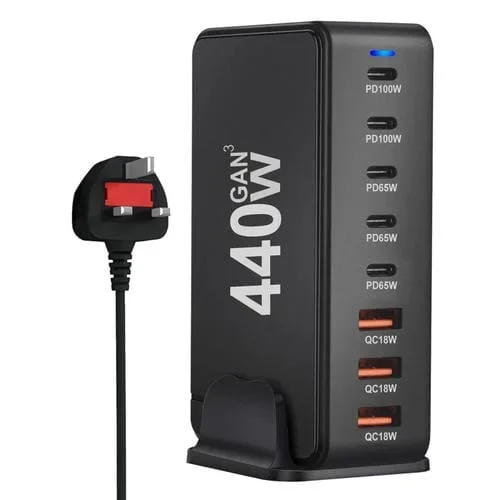 Cargador de viaje con adaptador USB GAN 440 W 3 puertos USB 5 puertos PD enchufe británico (Negro)