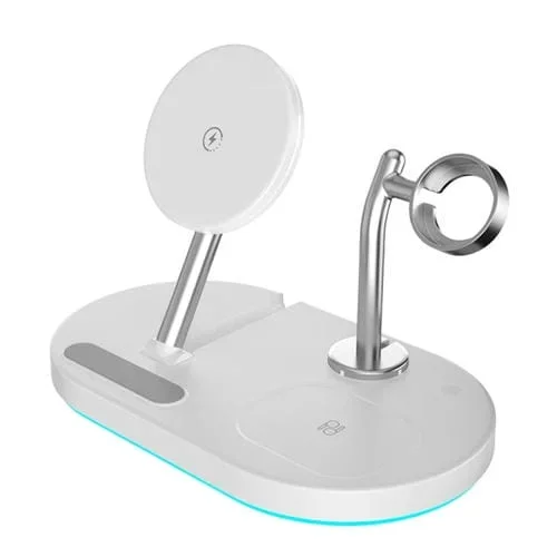Cargador inalámbrico S20 4 en 1 15W magnético multifuncional con luz y soporte para móviles y Airpods (Blanco)