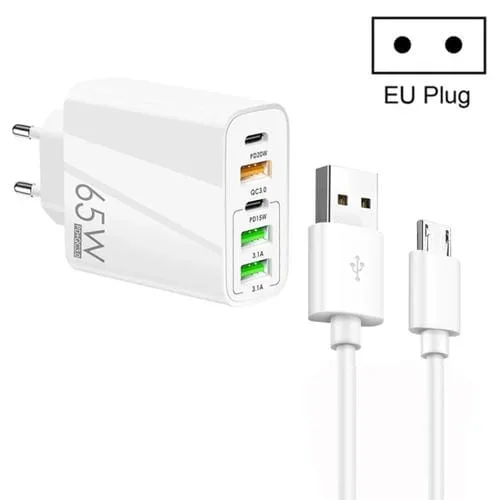Cargador Multi Puerto 65W Dual PD Type-C + 3 USB con Cable Micro USB 3A (Blanco)