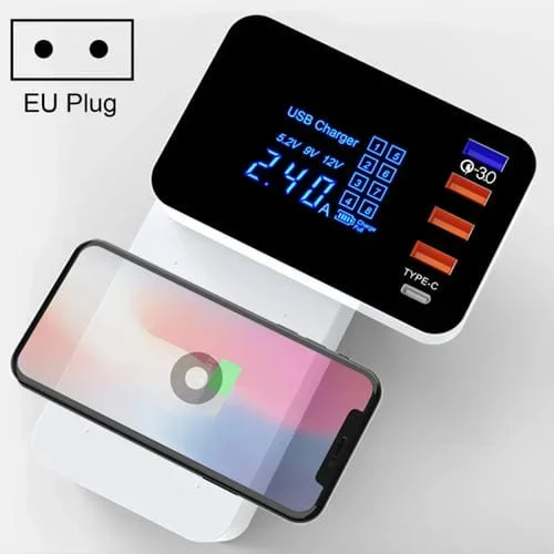 Cargador multifunción Cda33Q 40W QC 3.0 con 3 puertos USB y USB-C con pantalla LED (Blanco)