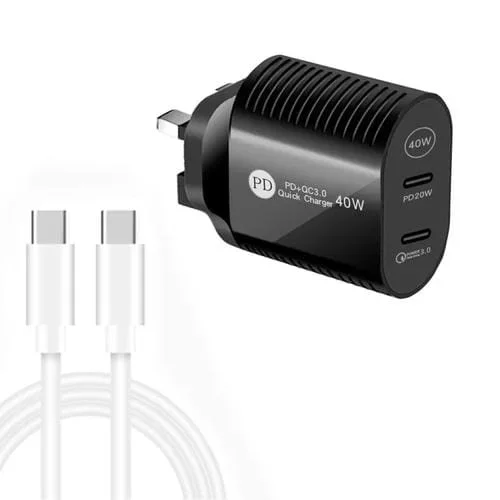 Cargador Rápido 40W Puerto Dual Type-C con Cable Tipo-C a Tipo-C (Negro) Enchufe Reino Unido