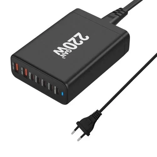 Cargador rápido Gan 220W Usb 2 + Usb-C 5 con enchufe UE (Negro)