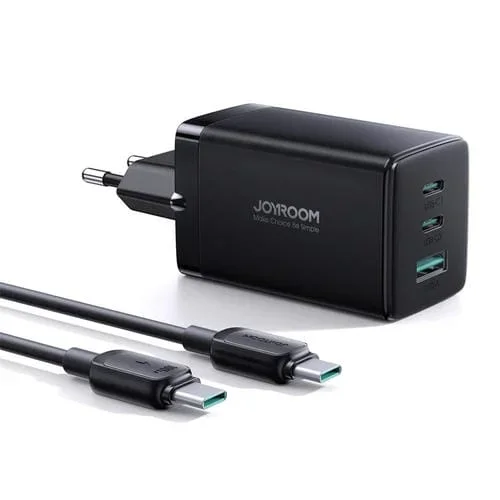Cargador Rápido Joyroom TCG01 Gan Ultra 65W 2 Tipo-C + 1 USB con Cable Tipo-C 1,2 m (Negro) (UE)