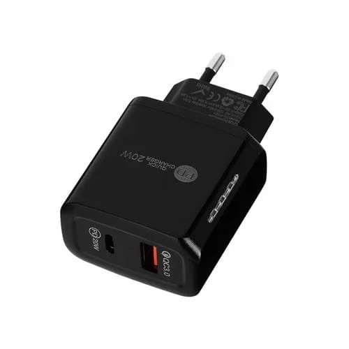 Cargador Rápido Te-Pd01 Pd 20W y Qc3.0 Usb Dual Ports con Luz Indicadora y Enchufe UE (Negro)