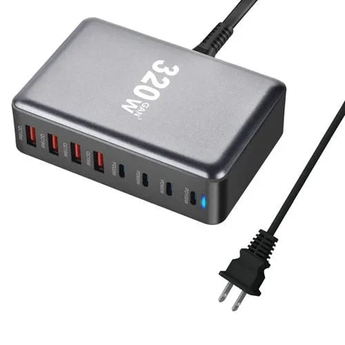 Cargador Rápido Ymx-320W Gan 320W Usb 4 Usb-C 4 Tipo-C (Gris)