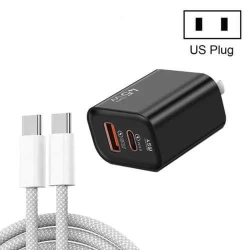 Cargador Súper Rápido USB 45W PD25W + QC3.0 20W con Cable Tipo C a Tipo C (Negro) Enchufe EE.UU.