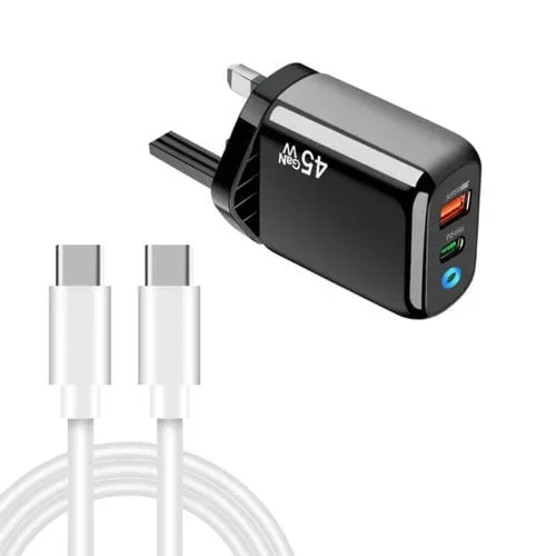 Cargador TE-PD45 GaN 45 W PD3.0/Tipo C + USB 3.0 con cable de datos tipo C a tipo C, enchufe británico (negro)