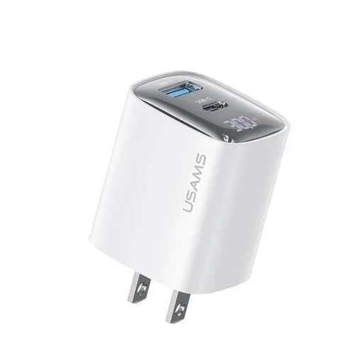 Cargador Usams CC230 30W USB + USB-C con Pantalla Digital Gan Doble Puerto (Blanco)