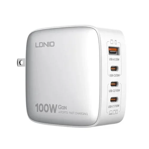 Cargador USB + 3 USB-C Ldnio Q408 Gan 100 W con Cable USB-C a USB-C (Blanco)
