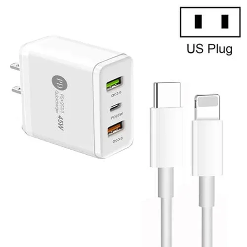 Cargador USB Multipuerto 45W Pd3.0 + 2x Qc3.0 con Cable Tipo C a 8 Pines (Blanco)