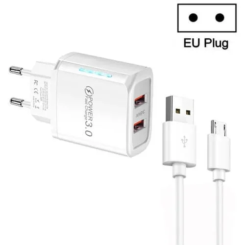 Cargador USB QC3.0 Dual 36W con Cable USB 3A a Micro USB (Blanco) Enchufe UE