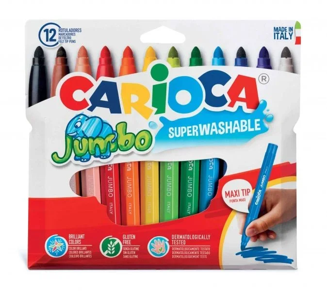Carioca jumbo pack de 12 rotuladores – cuerpo octogonal maxi – tinta superlavable – punta maxi 6mm bloqueada – tapa ventilada – color varios