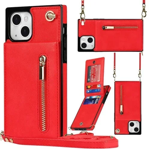 Caso Cuadrado de Cremallera Cruzada con Soporte para iPhone 13 Mini (Rojo)