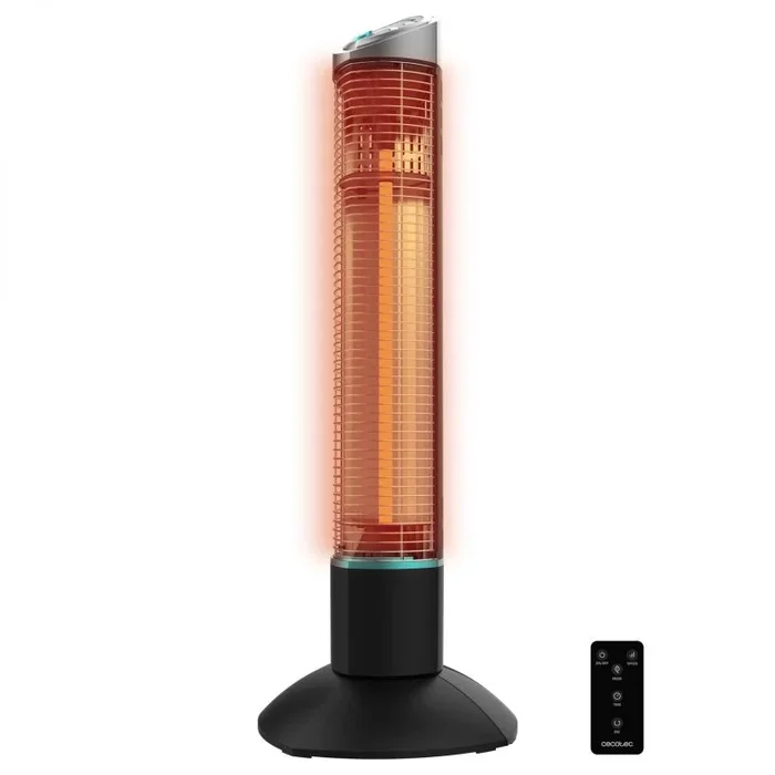 Cecotec Calefactor Eléctrico de Exterior de Torre ReadyWarm 1000 Power Tower. 1000 W en 2 Niveles, Tecnología Halógena, Oscilación, Protección IP55, Temporizador y Mando a Distancia