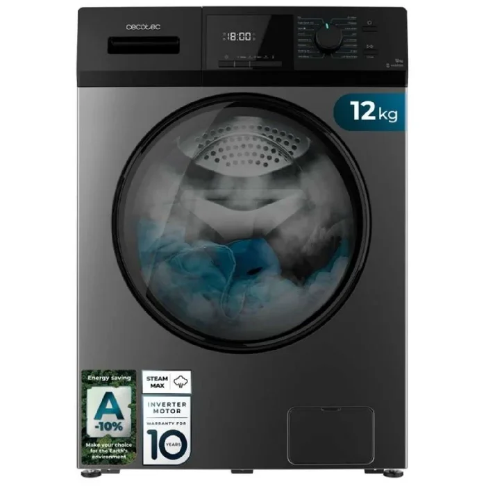 Cecotec Lavadora 12Kg Carga Frontal Bolero DressCode 12410 Inverter Steel. 1400rpm, 16 Programas, Clase A-20%, Bajo Consumo, Inverter Plus, Esteriliza con Vapor, ECO, Drum Clean, Stop&Go y DelayStart