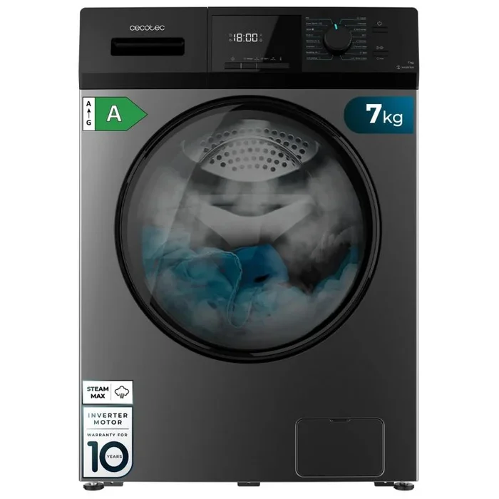 Cecotec Lavadora 7Kg Carga Frontal Bolero Dresscode 7410 Inverter Steel A. 1850W, 1200 rpm Regulables, 16 Programas, Motor Inverter Plus, Bajo Consumo, Vapor, Esterilización de la Ropa