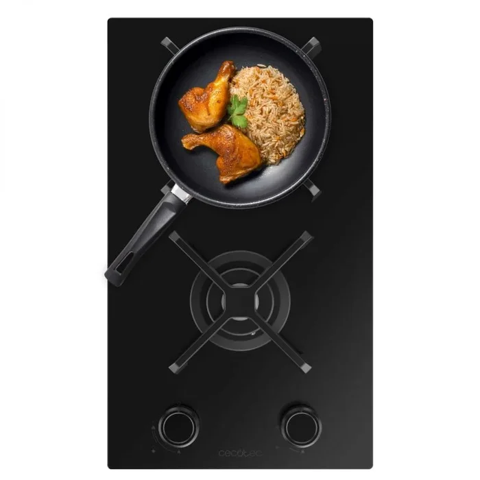 Cecotec Placa de Gas 2 Fuegos Bolero Squad G 2400S Nano Glass. 5.2kW, Nano Glass, Parrillas Hierro Fundido, Quemador WOK Triple Corona, Encendido Electrónico, Seguridad en Válvulas, Accesorio de Gas