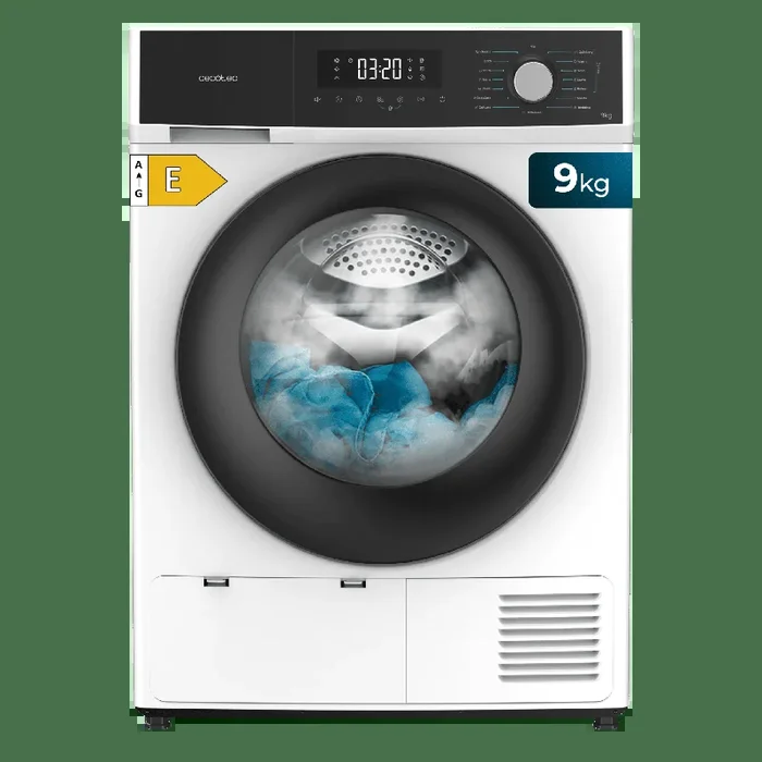Cecotec Secadora de Ropa 9Kg Bomba de Calor Bolero DressCode Dry 8400 Steel. Clase Equivalente A++, Control Táctil, 15 Programas, Secado Automático, Planchado Fácil, Tambor Giro Bidireccional, Acero