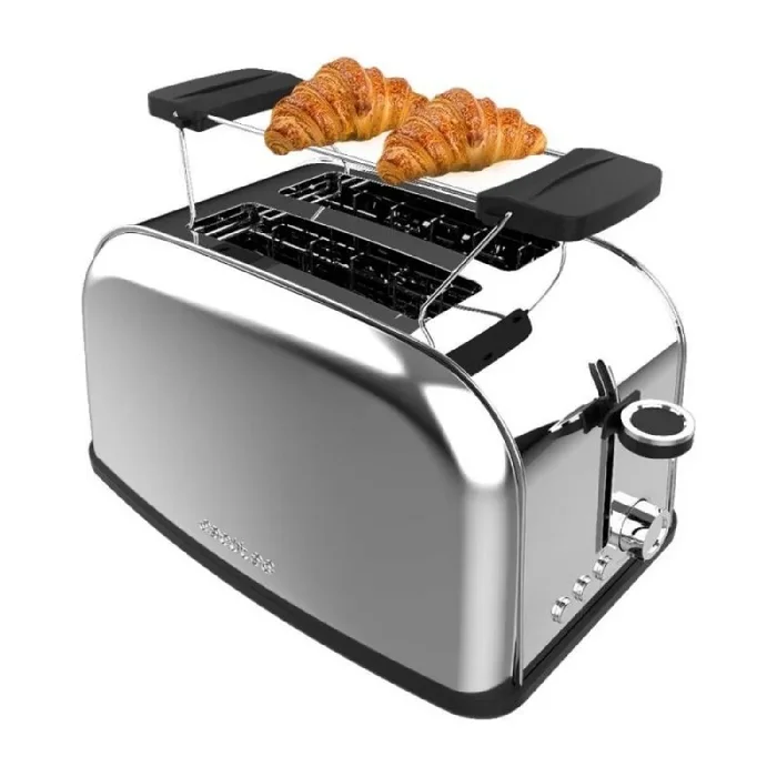 Cecotec Tostador Vertical Toastin’ Time 850 Inox, 850W, Doble ranura larga y ranura ancha 3,8cm, Varillas Superiores, Acero Inoxidable, Apagado y Pop-up Automático, Recogemigas