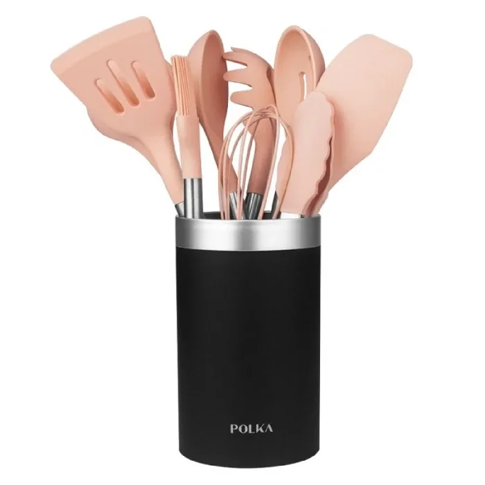 Cecotec Utensilios de Cocina de Silicona Polka Experience Gravity. Set de 9 piezas Rosa pastel, Recubierto Soft touch y Mango de Acero. Materiales: Silicona, Nylon y PP, Incluye Holder Polka