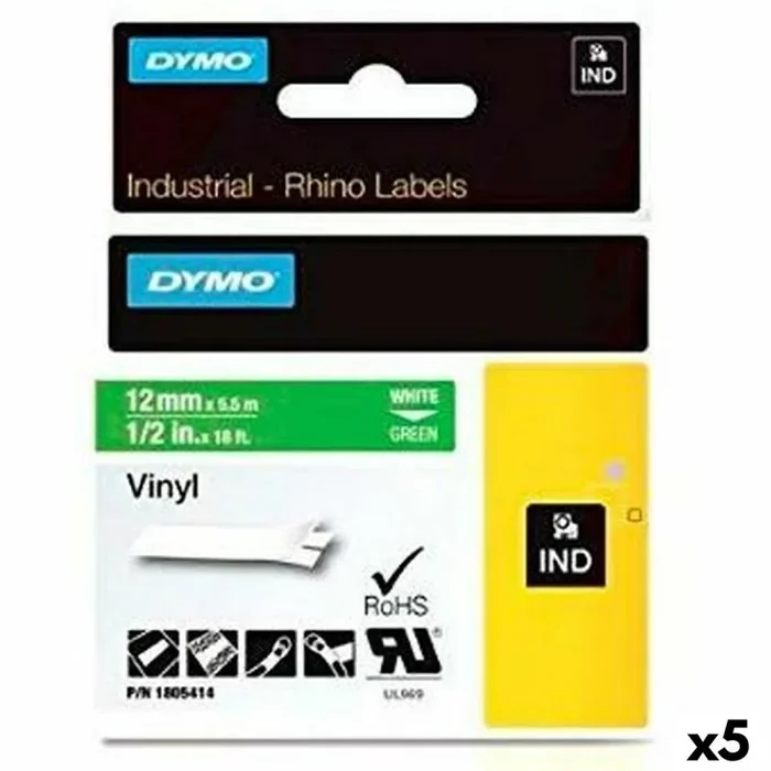 Cinta laminada para rotuladoras rhino dymo id1-12 12 x 5,5 mm blanco verde vinilo autoadhesivas (5 unidades)
