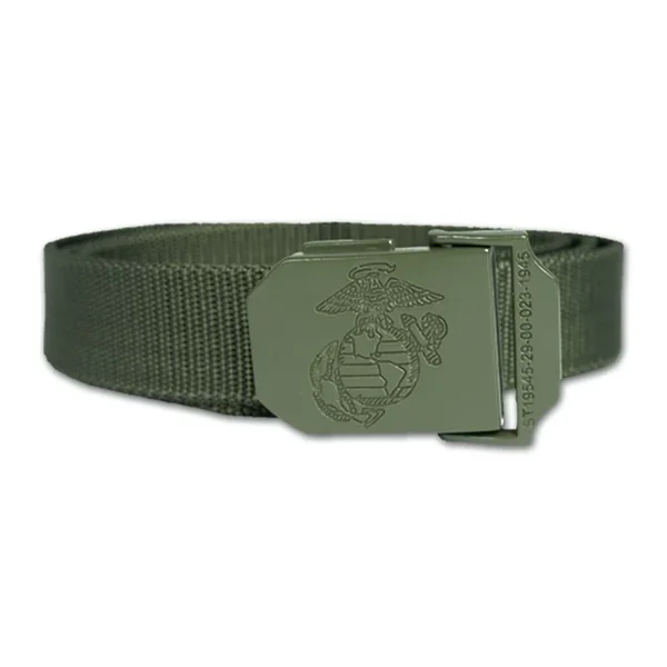 Cinturón militar USMC color verde Olivo en 100% poliester de 3,8 Cm. de ancho Mil-Tec, con hebilla verde con escudo grabado 90300