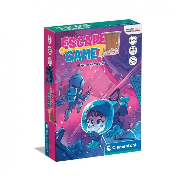 Clementoni- Escape Game-Viaje en el Espacio Juego de Mesa, Multicolor, Mediano, Incluye 30 cartas, 6 objetivos, 6 fichas, 1 libro reglamento (55498)