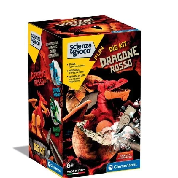 Clementoni- Mazmorras Scienza e gioco Fun – Dig Dragone Rosso – Fósiles para cavar y Montar, Kit arqueólogo, Juego científico 7 años, versión en Italiano – Fabricado en Italia, Color, Medio (19321)
