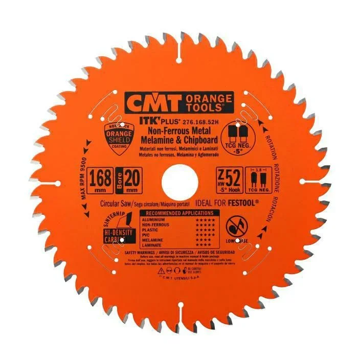 CMT Orange Tools 276.168.52H – Sierra Circular no Ferrosos y Melamina HW 168×1.8/1.2×20 Z52 TCG NEG