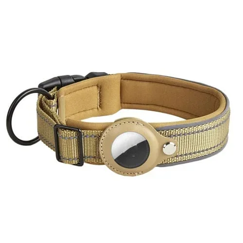 Collar para Perro AirTag Tracker Reflectante con Forro de Neopreno Tamaño M (Caqui Oscuro)