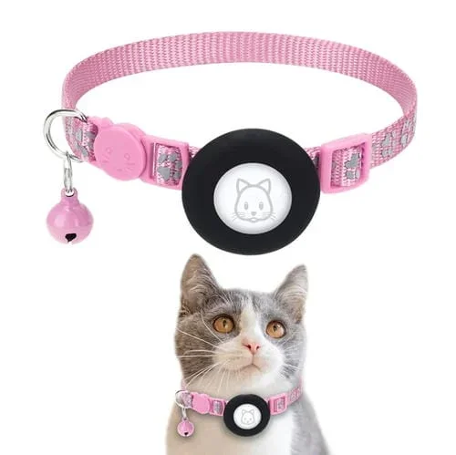 Collar Reflectante Pet Cat con Campana para AirTag Tracker (Rosa)