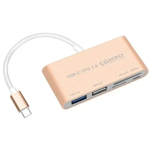 Combo T-693 5 en 1 USB-C Type-C Lector de Tarjetas SD TF Micro SD + USB 3.0 USB 2.0 OTG Hub (Oro)