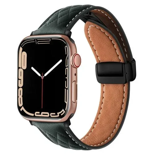Correa de Cuero para Apple Watch 8 41mm con Hebilla Plegable y Rombos (Verde)