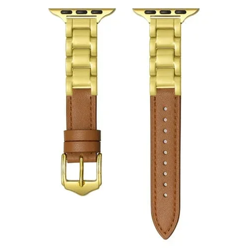 Correa de Cuero para Apple Watch Series 5 44mm con Hebilla Cerámica (Marrón + Dorado)
