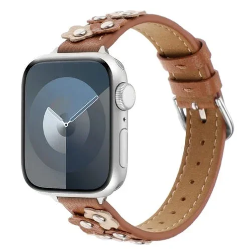 Correa de Cuero para Apple Watch Series 9 45mm con Flores Cosidas (Marrón)