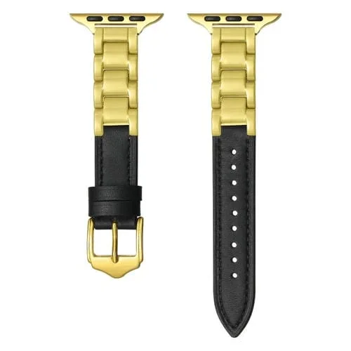 Correa de Cuero para Apple Watch Ultra 49mm con Hebilla Cerámica (Negro + Dorado)