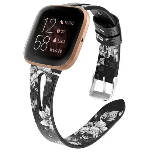 Correa de Cuero para Fitbit Versa 2 Apertura Media (Flores de Ceniza Negra)