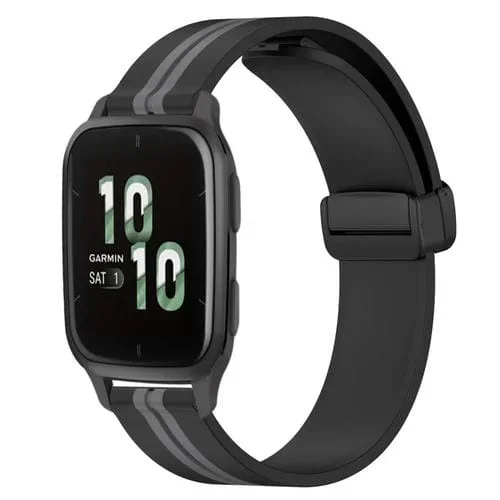 Correa de Reloj 20mm Garmin Forerunner Sq2 Silicona con Cierre Magnético Plegable (Negro + Gris)