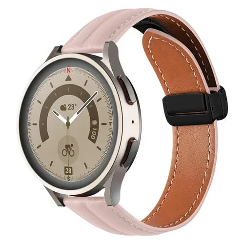 Correa de Reloj Cuero Genuino Acanalado 22mm Hebilla Plegable (Rosa Claro)