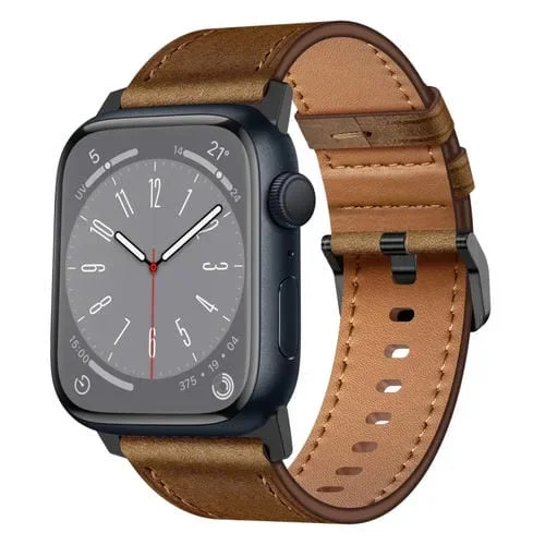 Correa de Reloj Cuero Grano Superior Wilderness para Apple Watch Series 8 45mm (Conector Negro Marrón Oscuro)