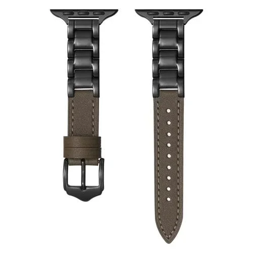 Correa de Reloj de Cuero con Hebilla de Cerámica para Apple Watch Series 7 45mm (Gris Topo + Negro)